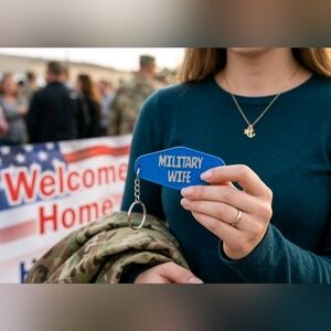 Military Wife Retro Motel Keychain Blue Silver Vinyl UV Resin Sealed Handmade